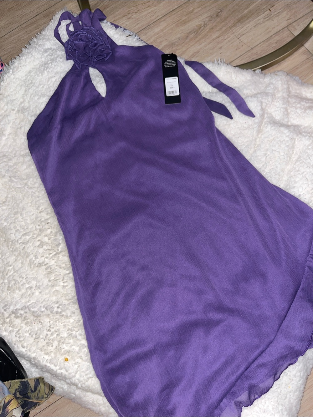 Sleeveless Purple Halter Dress with Floral Accent